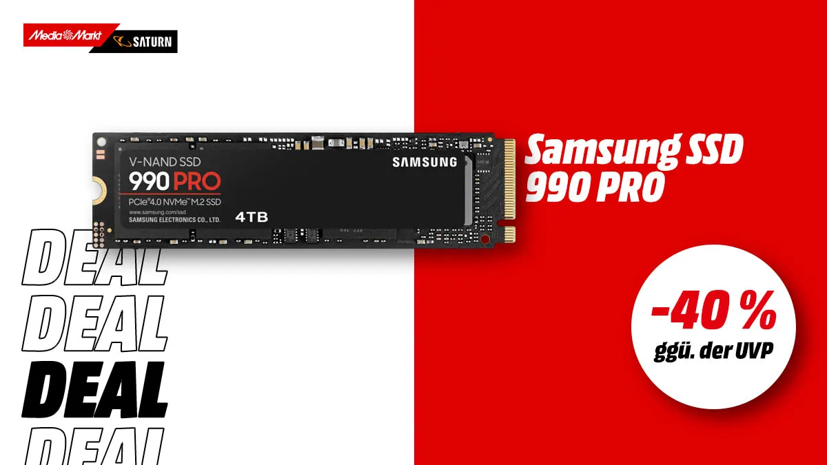 Die Samsung 990 SSD und Hinweis auf 40 Prozent gegenüber der UVP auf weiß-rotem Hintergrund.