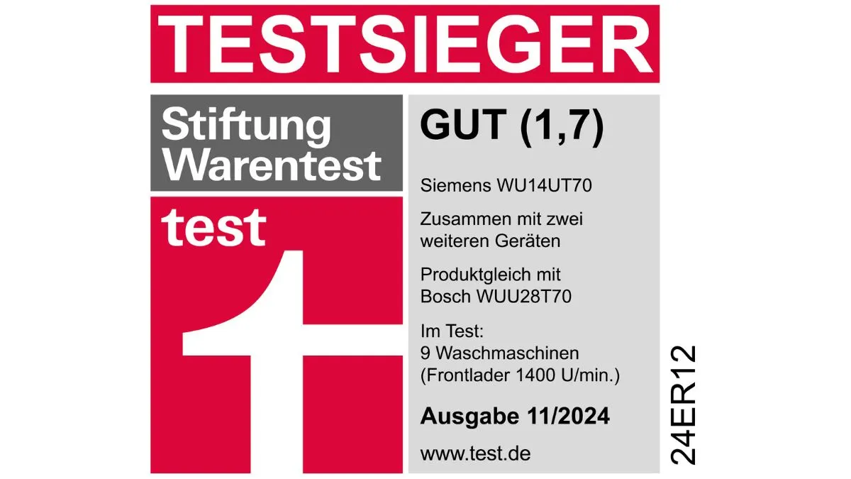Das Dokument zeigt ein Testergebnis "Testsieger" der Stiftung Warentest mit dem Qualitätsurteil "Gut (1,7)" für Waschmaschinen.
