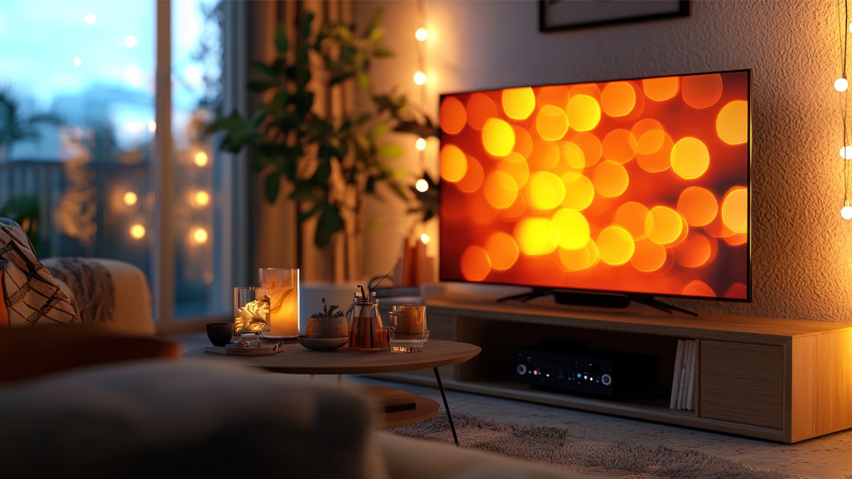 Ein Fernseher im Wohnzimmer mit herbstlicher Dekoration und Farben.