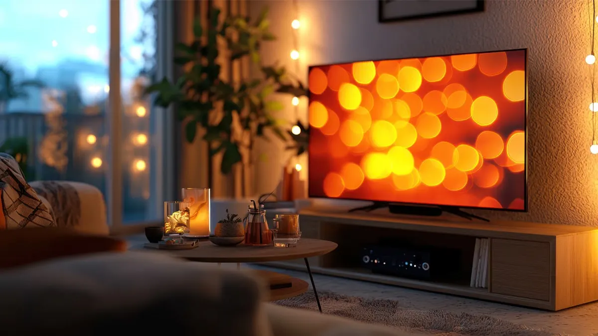 Ein Fernseher im Wohnzimmer mit herbstlicher Dekoration und Farben.