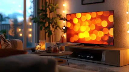 Ein Fernseher im Wohnzimmer mit herbstlicher Dekoration und Farben.