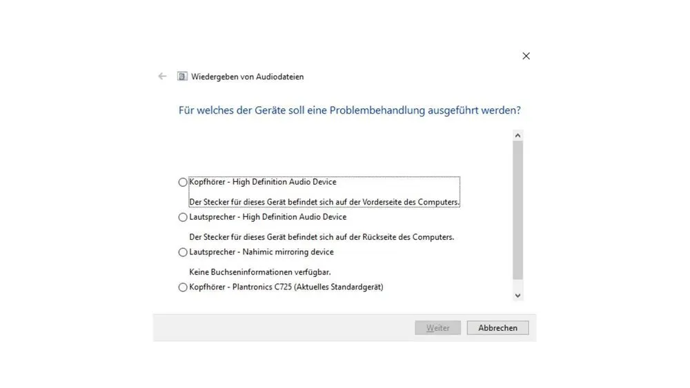 Dialogfenster mit Audioausgabegeräten zur Fehlerbehebung: Kopfhörer, Lautsprecher und Plantronics C725 sind als Optionen aufgeführt.