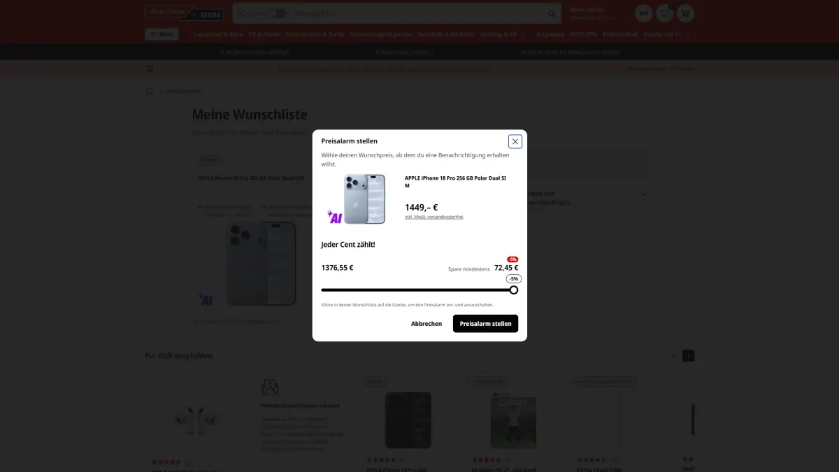 Ein Screenshot des Preisalarms auf talheim.live für das Apple iPhone 18 Pro.