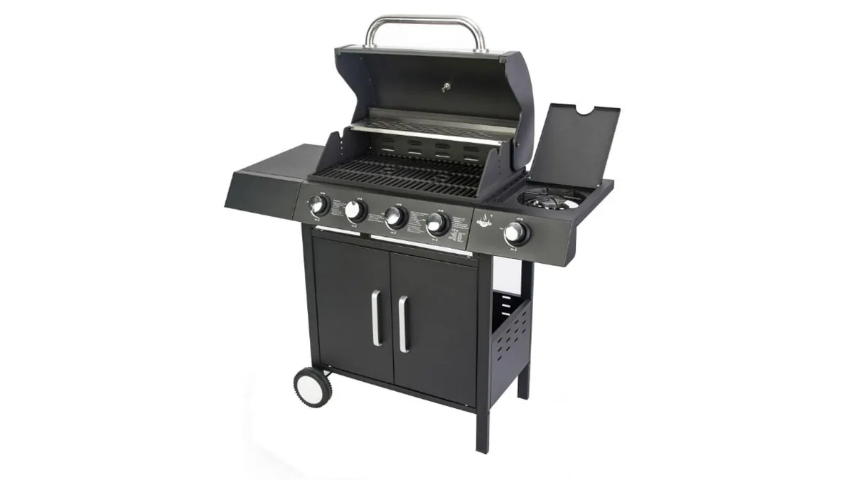Der Gasgrill El Fuego AY0582 San Angelo 4+1 in Schwarz von vorne auf weißem Hintergrund.