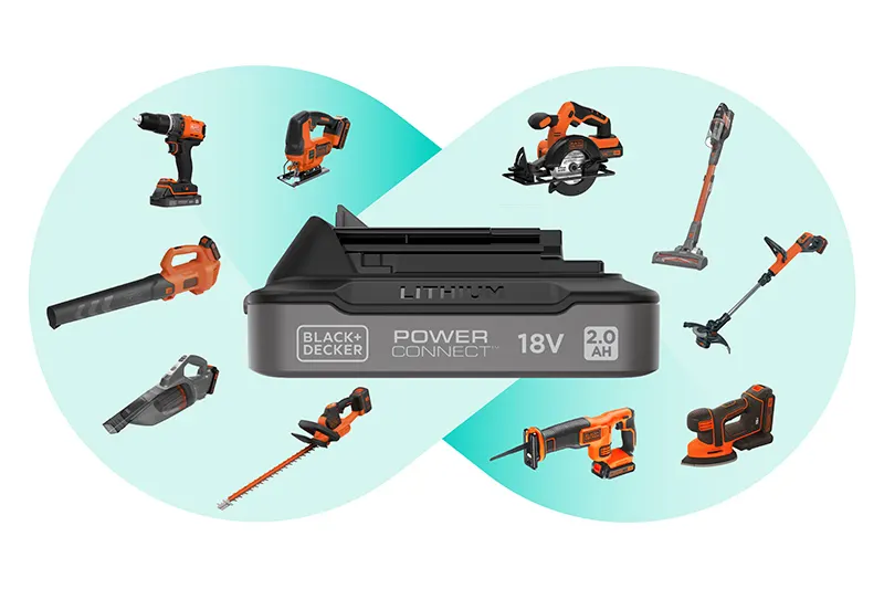 Akku-Ladegerät mit verschiedenen Werkzeugen wie Bohrmaschine, Säge und Trimmer auf hellblauem Hintergrund.