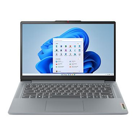 Grauer Lenovo Laptop mit Windows-Startbildschirm, flachem Design und schmalem Displayrahmen.
