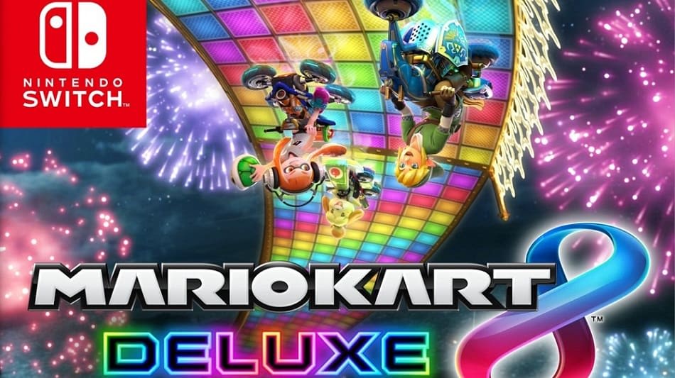 Mario Kart 8 Deluxe Nintendo Switch Cover Regenbogen Rennstrecke mit drei Spielecharakteren