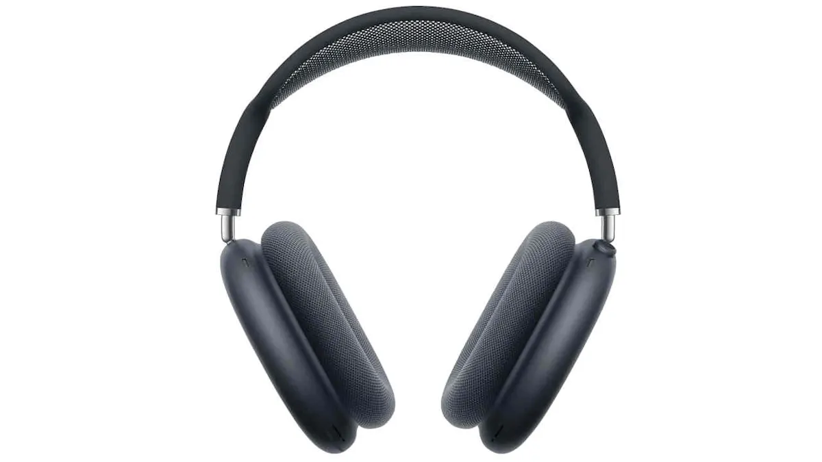 Dargestellt ist ein Over-Ear-Kopfhörer mit einem Netz-Stirnband, verbunden mit zwei grauen, ovalen Ohrmuscheln. Der Hintergrund ist weiß.