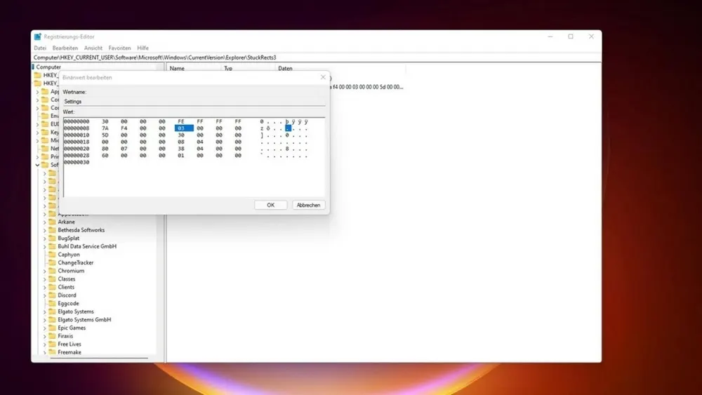 Im Registrierungseditor von Windows 11 wird der Binärwert bearbeitet.