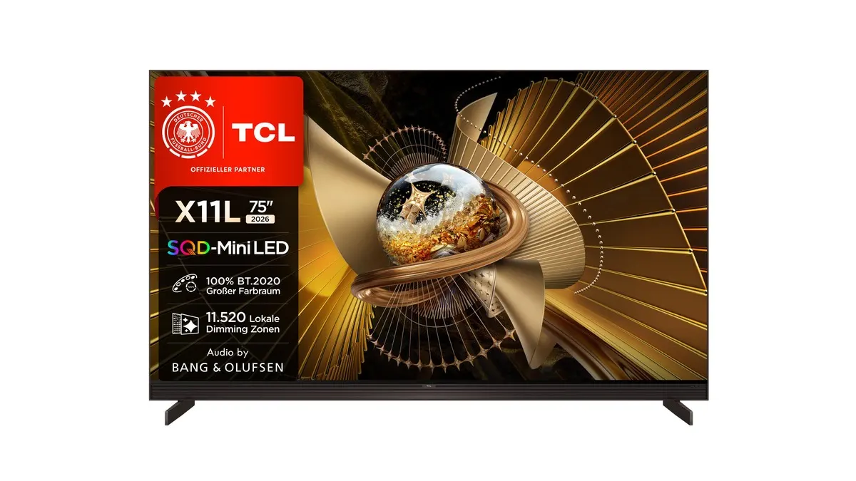 Der Fernseher TCL 75X11L vor einem weißen Hintergrund.
