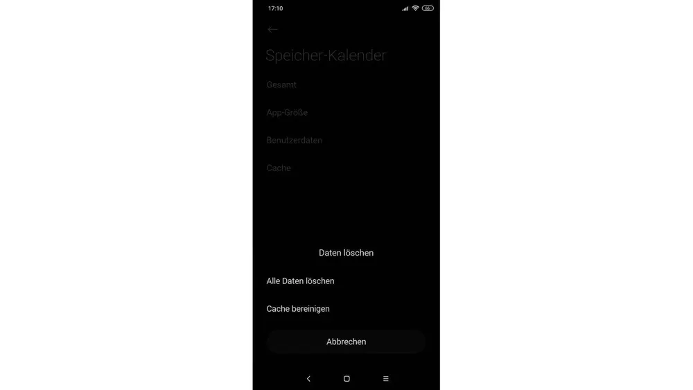 Ein dunkler Bildschirm eines Smartphones mit Textoptionen wie "Gesamt", "App-Größe", "Benutzerdaten", "Cache" und "Daten löschen".