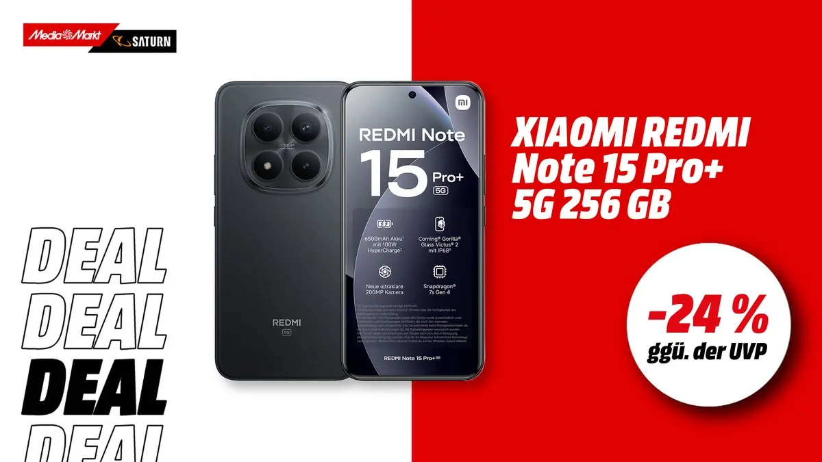 Xiaomi Redmi Note 15 Pro+ 5G Smartphone in Schwarz mit 256 GB Speicher und Dual SIM, aktuell mit -24 % (ggü. der UVP) reduziert