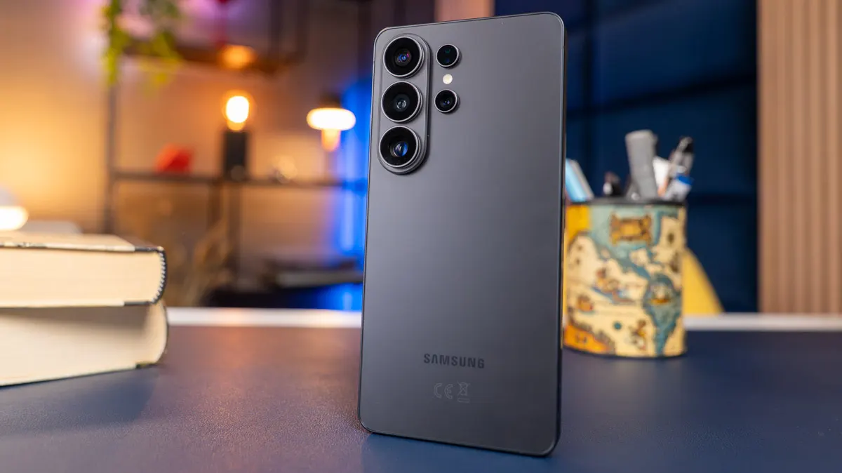 Das Samsung Galaxy S26 Ultra steht mit der Rückseite zur Kamera auf einem Tisch.
