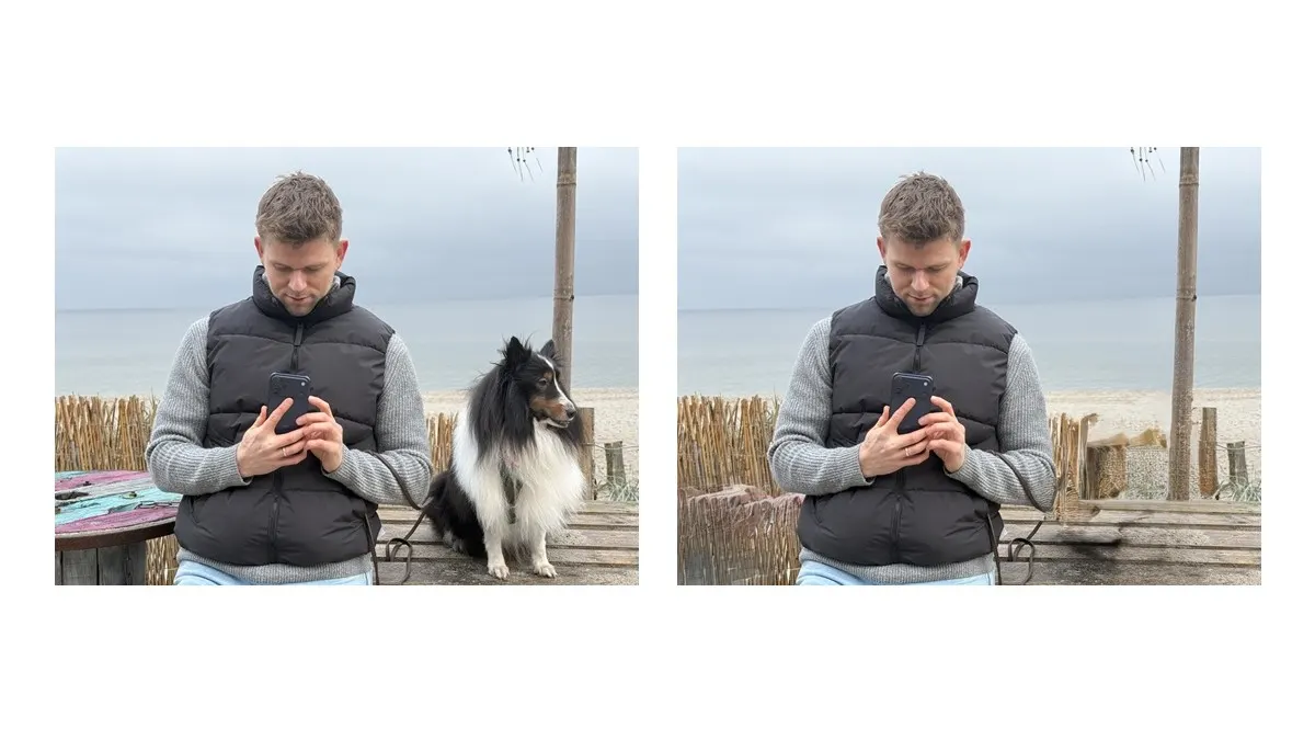 Zwei Bilder im Vorher-Nachhergleich mit Apple Intelligence. Das Foto zeigt Niklas am Strand mit seinem Hund Koda.