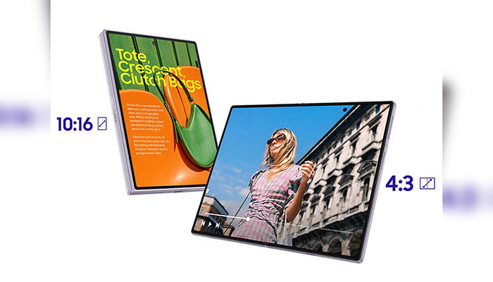 Galaxy Z Fold8 mit Frontdisplay und aufgeklapptem Hauptdisplay im Vergleich der Displayformate. 