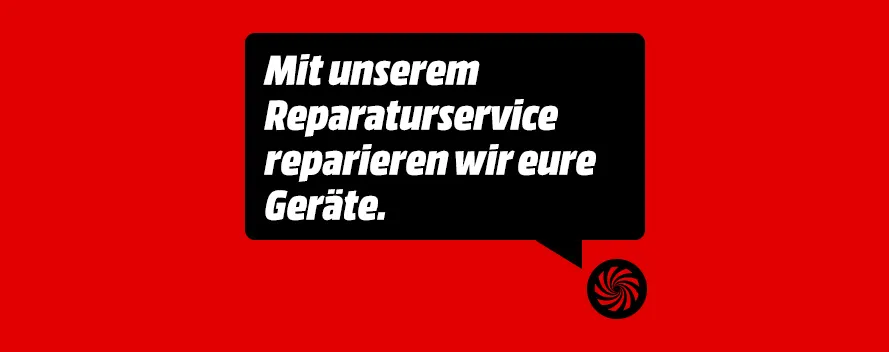 Ein rotes Werbebanner mit einer schwarzen Sprechblase, in der in weißer, fetter Schrift der deutsche Text steht: "Mit unserem Reperaturservice reparieren wir eure Geräte.""