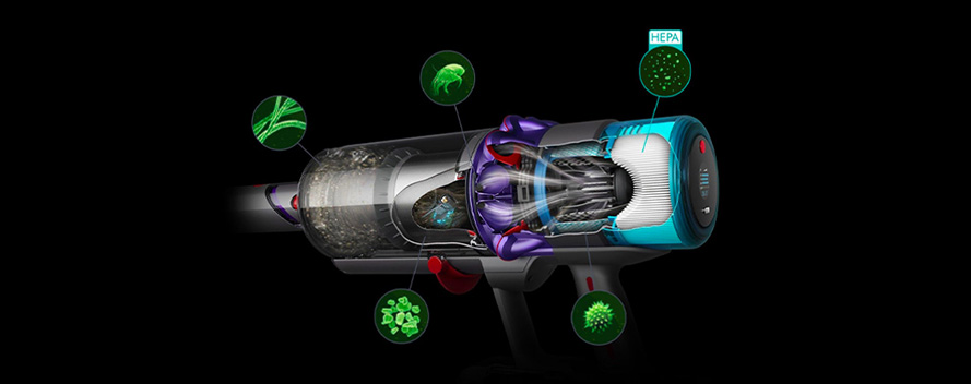 Auf schwarzem Grund befindet sich ein Staubsauger mit Behälter, der die Technologie und Filter hervorhebt.
