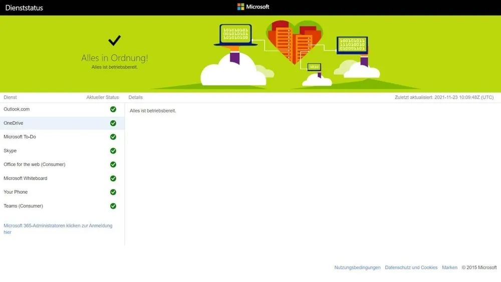 Microsoft Dienststatus-Seite mit grüner Statusanzeige für Dienste wie Outlook, OneDrive und Skype. Grafiken mit Laptop und Herz.