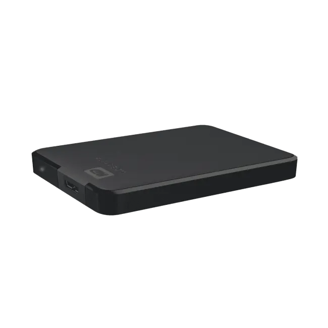Die WD Elements™ Festplatte, 1 TB HDD, 2,5 Zoll, extern, Schwarz liegend von schräg oben 