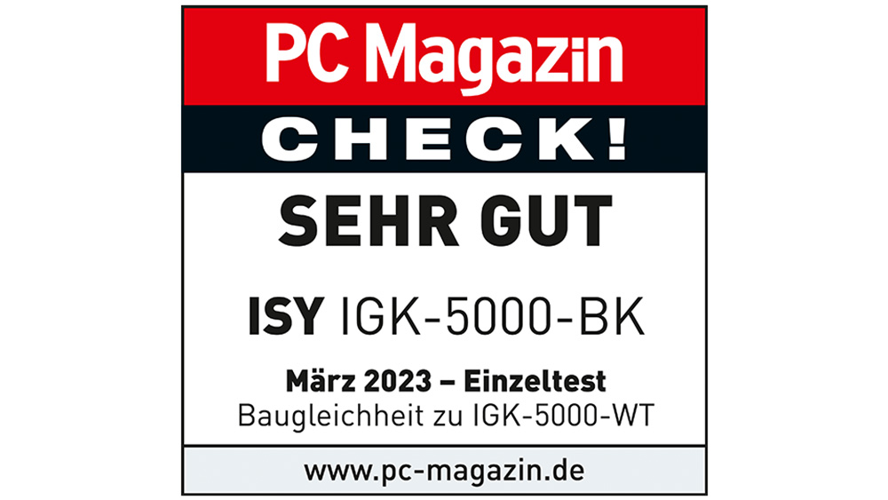 Logo von PC Magazin, Check!, SEHR GUT, ISY IGK-5000-BK, März 2023 - Einzeltest und www.pc-magazin.de in Schwarz, Rot und Weiß.