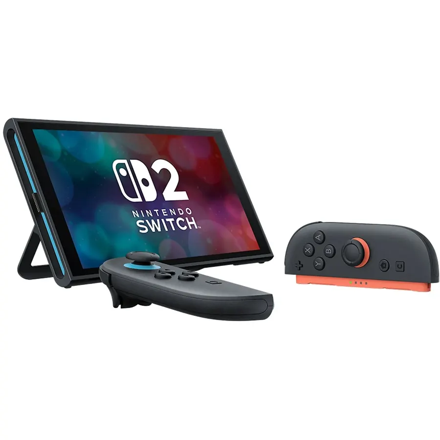 Die NINTENDO Switch 2 ist hier mit abgenommenen Joy-Con-Controllern und aufgestelltem Display zu sehen – das neue Modell für flexibles Gaming unterwegs oder zu Hause.