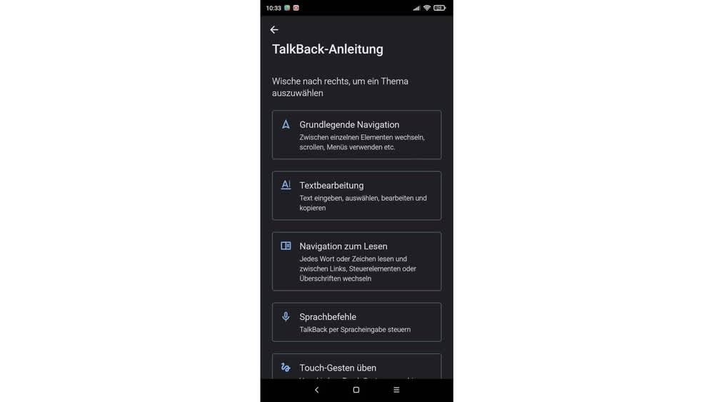 Ein Screenshot zeigt die Talkback-Anleitung auf einem Smartphone.