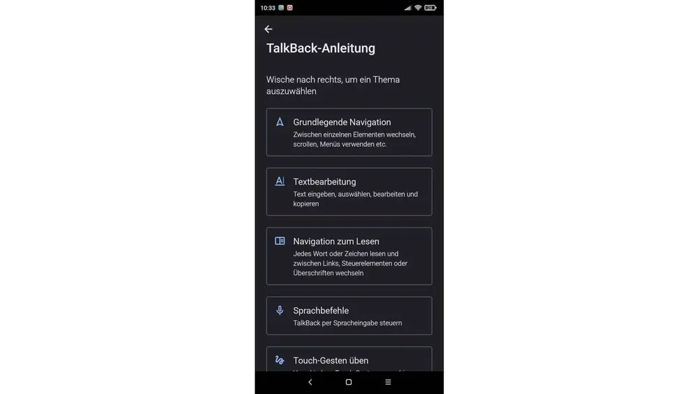 Ein Smartphone-Bildschirm zeigt ein Menü mit Optionen zur TalkBack-Anleitung und Funktionen wie Navigation und Textbearbeitung.