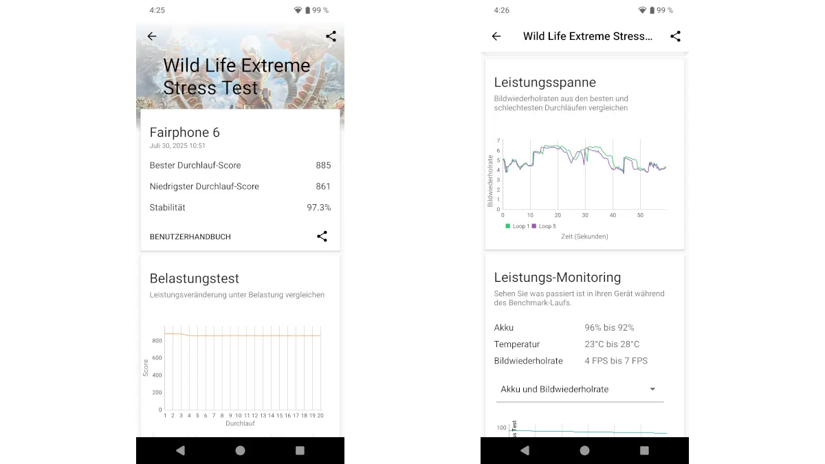 Screenshots der Ergebnisse des Fairphone 6 im Benchmark Wild-Life-Extreme-Stress-Test von 3DMark.