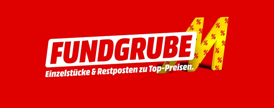 Roter Hintergrund mit dem Schriftzug „FUNDGRUBE“ in Weiß und Rot. Gelbe Prozentzeichen bilden ein großes M. Angebotswerbung.
