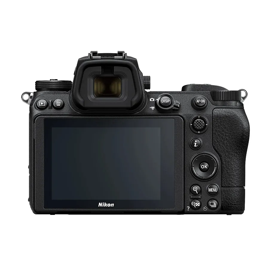 NIKON Z 6II Gehäuse Systemkamera, 8 cm Display Touchscreen, WLAN Eine schwarze Nikon-Kamera ist von hinten mit einem Bildschirm und verschiedenen Knöpfen zu sehen.