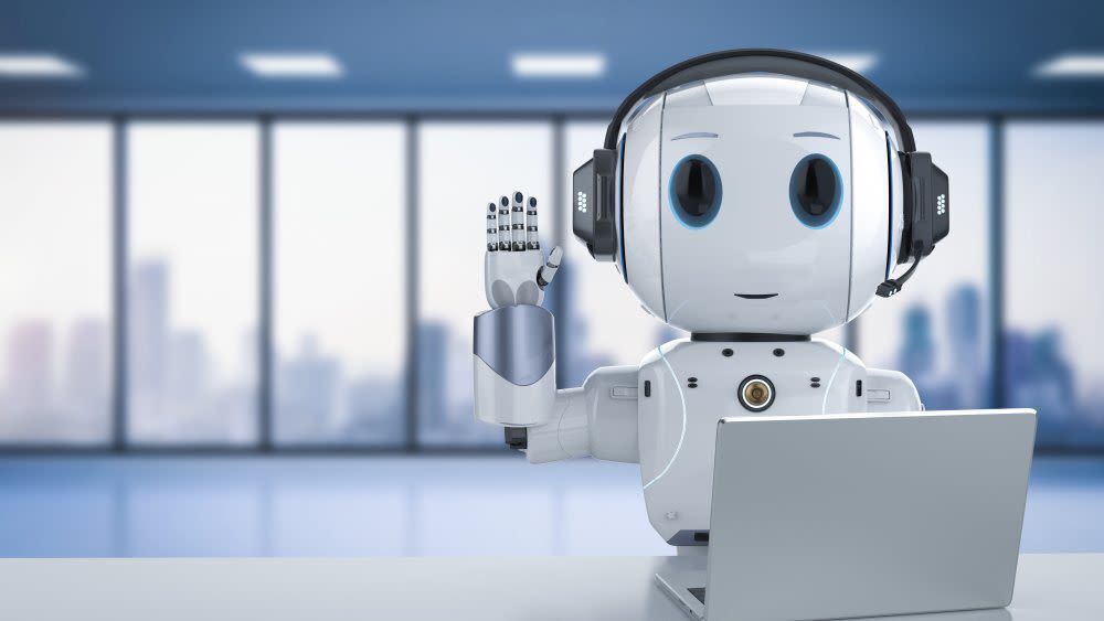 Ein Roboter-Redakteur-Chatbot winkt