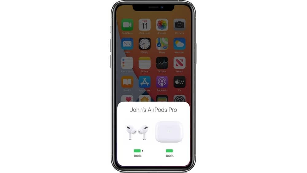 Der Batteriestand von AirPods Pro und AirPods-Pro-Case wird auf einem iPhone-Display angezeigt.