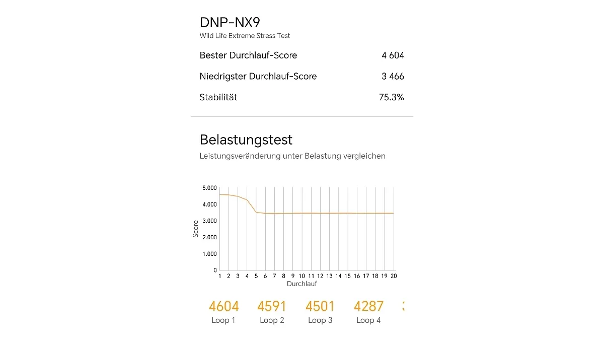 Im Wild Life Extreme Stress Test behauptet sich das Honor 400 Pro mit einer guten Performance-Stabilität von 75,3 Prozent.