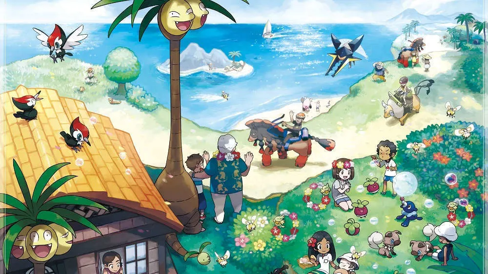 Auf einem tropischen Strand tummeln sich Menschen und Pokémon, mit einem Palmenbaum im Vordergrund und blauem Meer im Hintergrund.