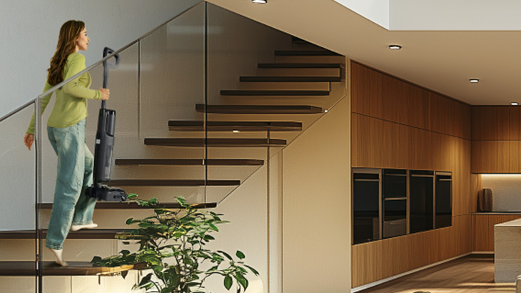 Frau mit Staubsauger auf Treppe; Hund liegt am Fenster. Die Treppe ist hellbraun, das Fenster zeigt Bäume.