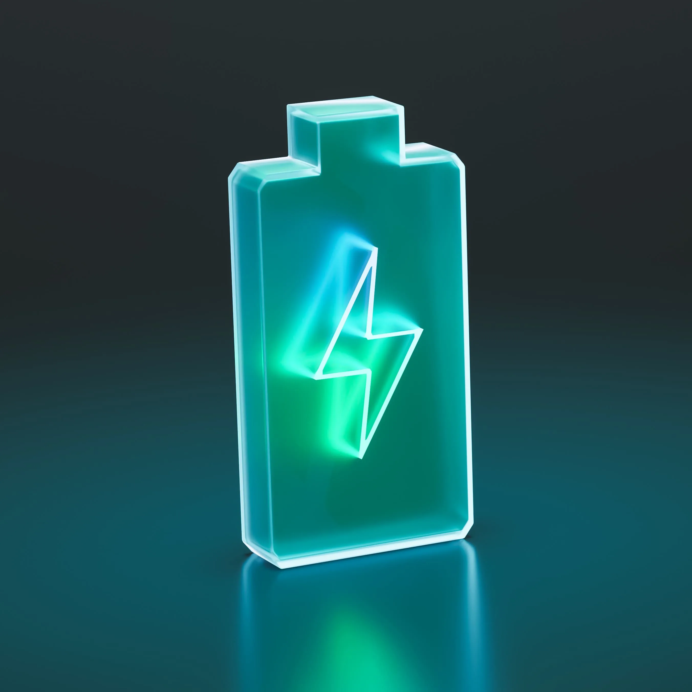 Grüne Batterie-Ikone mit weißem Blitzsymbol auf blaugrünem Hintergrund.