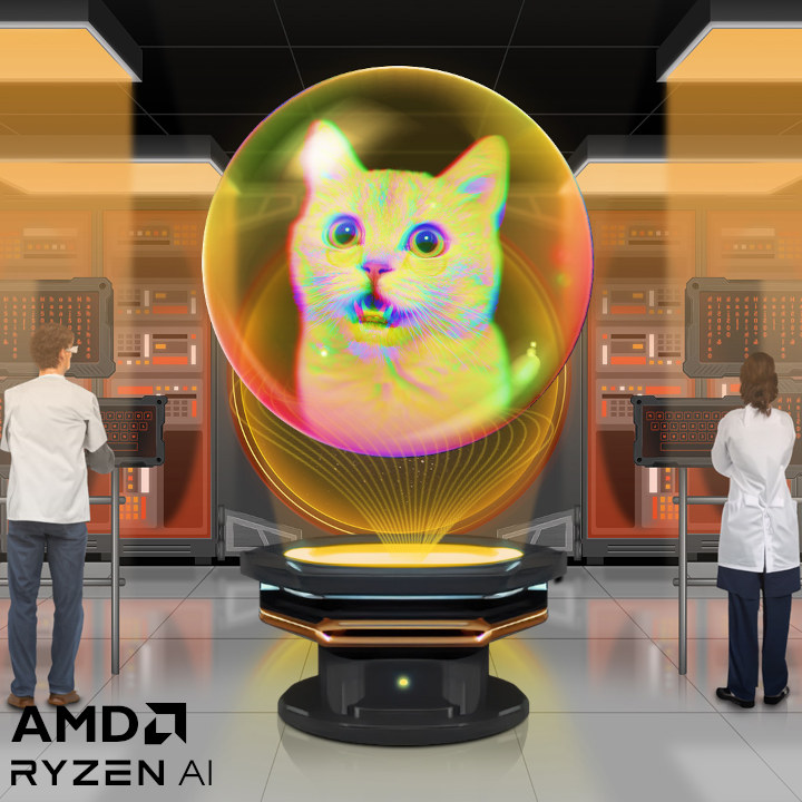 In einem Labor steht ein Hologramm einer Katze auf einem Podest. Zwei Personen in Laborkitteln stehen an Computern.