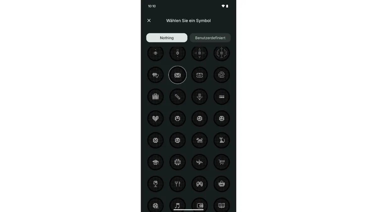 Ein Screenshot zeigt verschiedene LED-Animationen, die du auf der Glyph-Matrix des Nothing Phone (3) als Benachrichtigungssymbole festlegen kannst.
