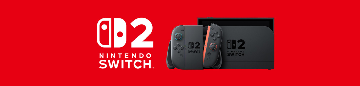 Nintendo Switch 2-Konsole und Controller auf rotem Hintergrund mit weißem "Nintendo Switch"-Logo.