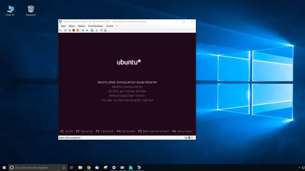 Ein Desktop mit Windows-Hintergrund, darauf Icons. Ein Fenster mit Ubuntu-Optionen ist geöffnet. Die Taskleiste ist am unteren Rand sichtbar.
