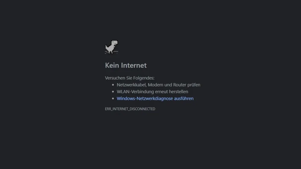 Dunkler Bildschirm mit der Meldung "Kein Internet" und Tipps zur Fehlerbehebung. Ein stilisierter Dinosaurier ist oben links zu sehen.