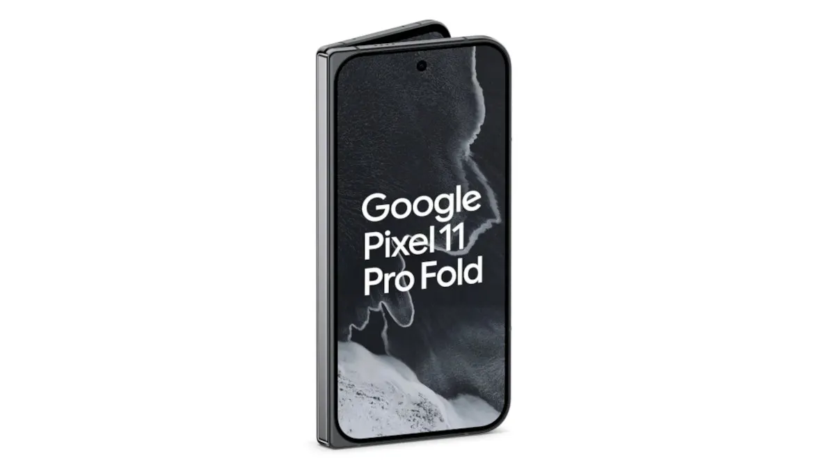 Das Google Pixel 11 Pro Fold vor weißem Hintergrund.