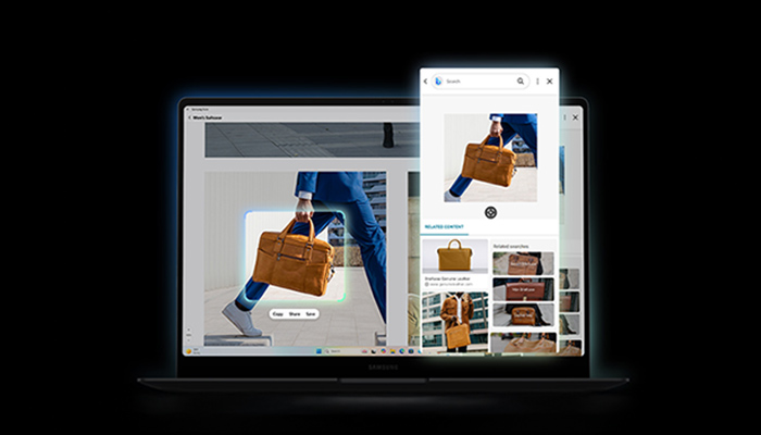 Ein Laptop zeigt ein Fenster mit einer Person in blauem Anzug, die eine braune Tasche hält, und ein kleineres Fenster mit Produktfotos.