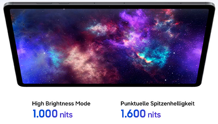 Das Samsung Galaxy Tab S12+ mit farbintensivem Display. Hervorgehoben werden bis zu 1.000 Nits Helligkeit und 1.600 Nits Spitzenhelligkeit.