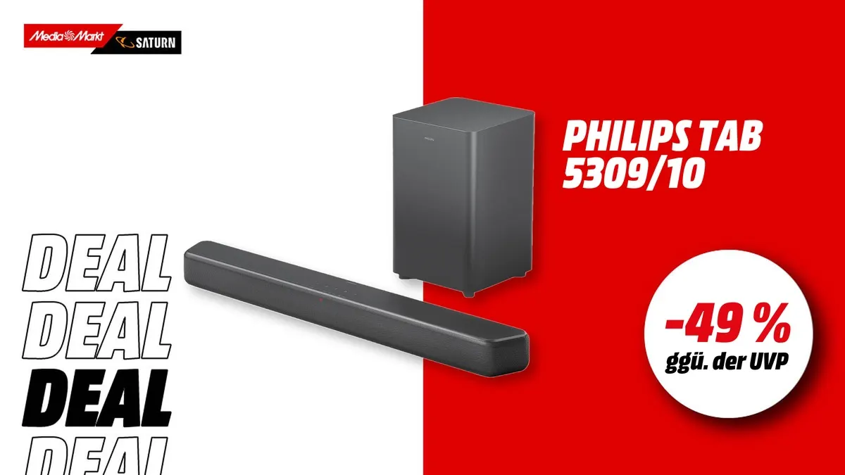 Philips TAB5309/10 Soundbar mit kabellosem Subwoofer in Dunkelgrau, aktuell mit -49 % (ggü. der UVP) reduziert