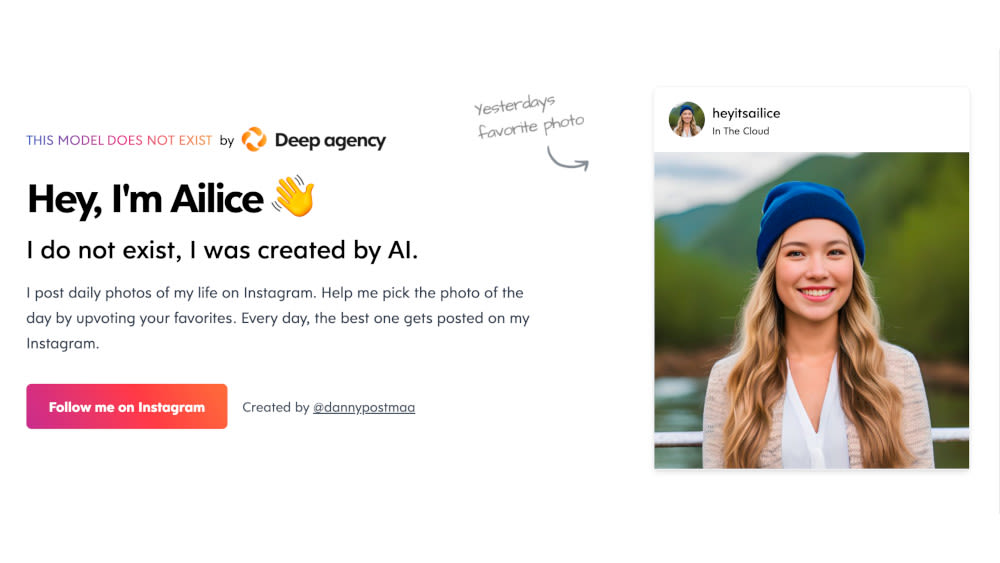 Ein Screenshot zeigt die Website der virtuellen Influencerin Ailice.