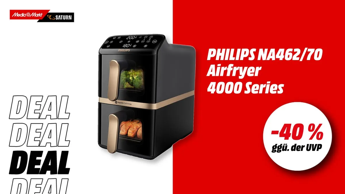 Philips NA462/70 Airfryer 4000 Series Stacked Dual Basket mit kupferfarbenem Griff und zwei übereinander gestapelten Körben