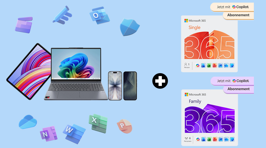 Microsoft 365 Single- und Family-Abonnements neben Laptop, Tablet und Smartphones, umgeben von verschiedenen Microsoft-365-App-Symbolen.