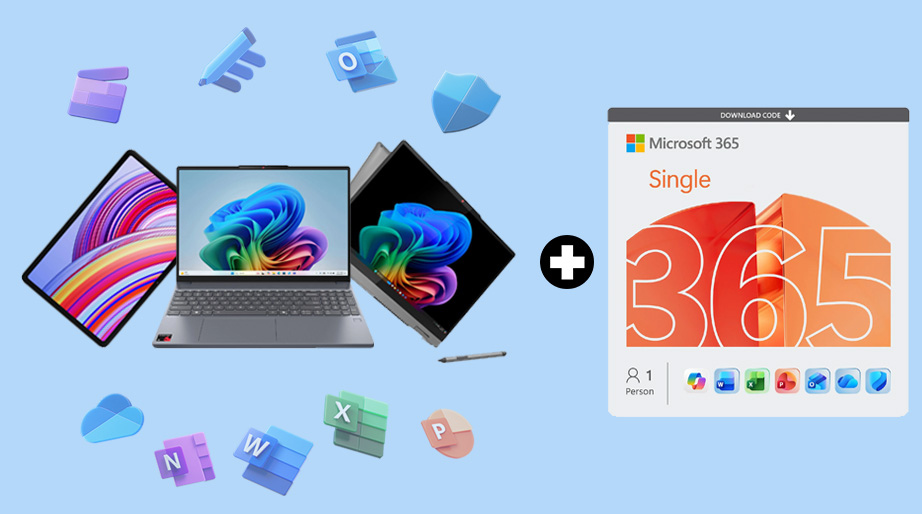 Zwei Notebooks und ein Tablet sind abgebildet, nebendran ist das Produkt Microsoft 365 Single auch abgebildet