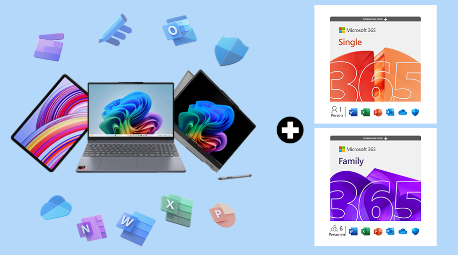 Zwei Notebooks und ein Tablet sind abgebildet, nebendran sind die Produkte Microsoft 365 Single sowie Microsoft 365 Family auch abgebildet